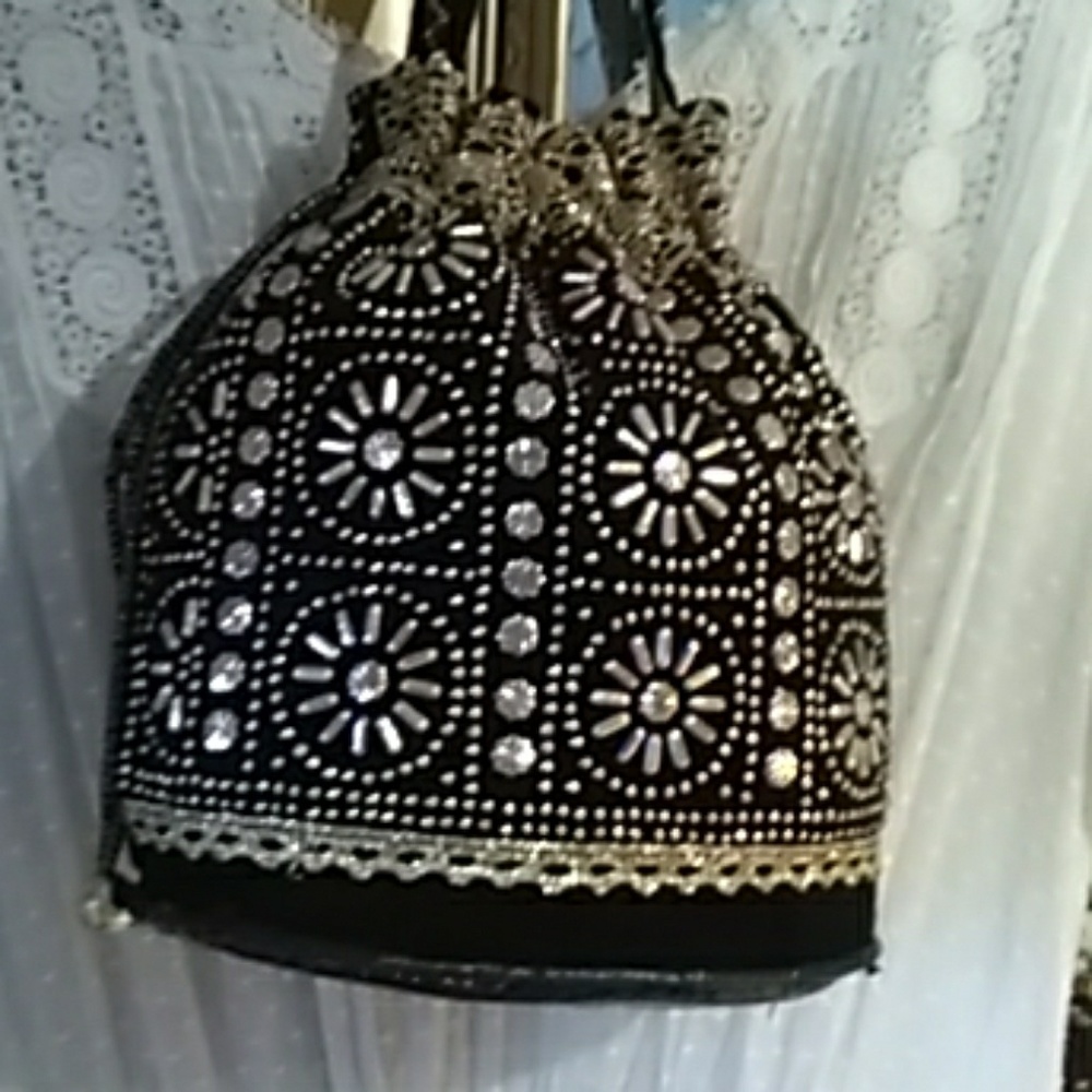 Vintage Black Velvet and gold beaded pouch
